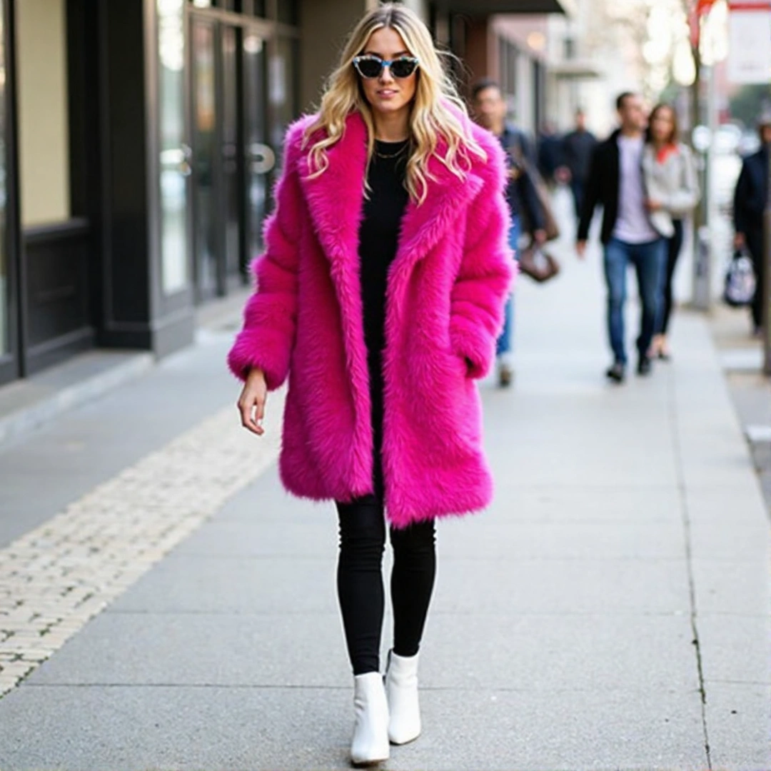 Photograph of a woman wearing a bright pink faux fur coat, paired with white ankle boots and oversized sunglasses, walking on a city sidewalk.