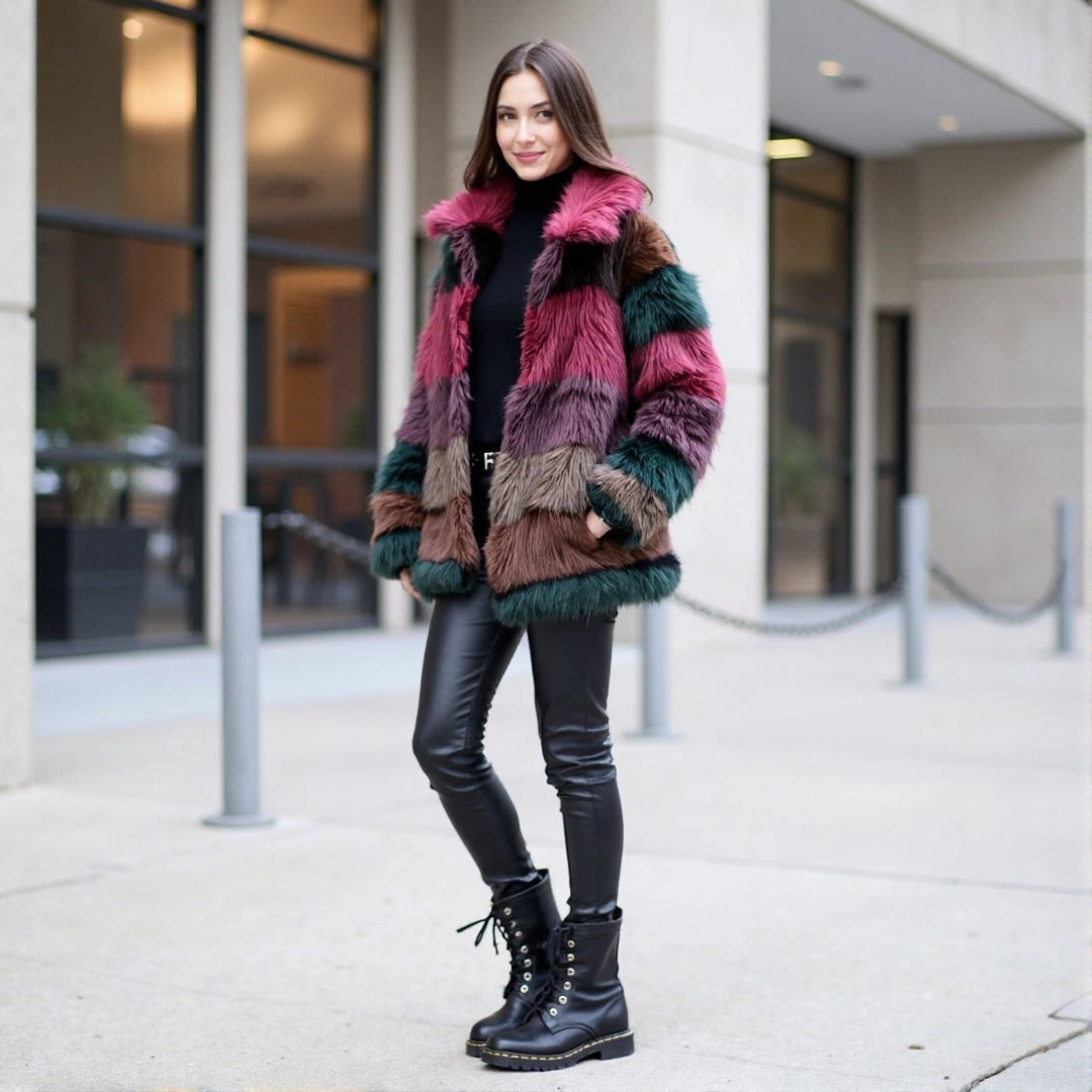 Photograph of a stylish look with a multicolored patchwork faux fur coat, paired with a turtleneck, leather pants, and combat boots, in a modern urban setting.
