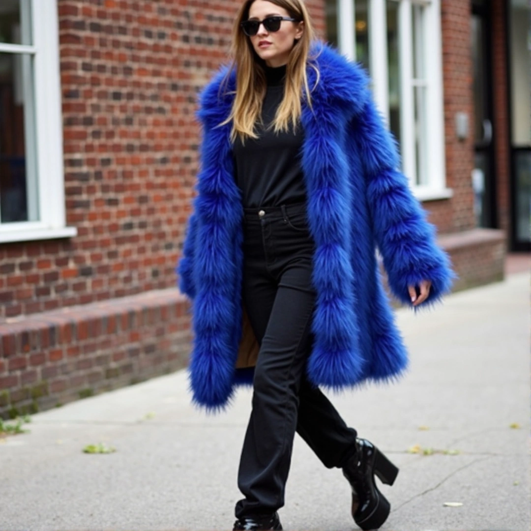 Photograph of a fashionable outfit with a cobalt blue faux fur coat, high-waisted trousers, and platform boots, walking through an art district.