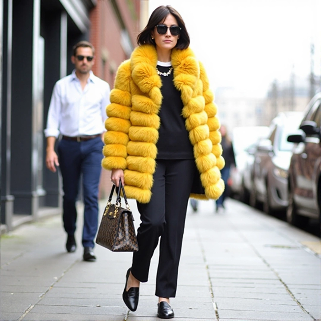 Photograph of a chic outfit featuring a bright yellow faux fur coat, tailored trousers, and loafers, holding a designer handbag on a busy street.