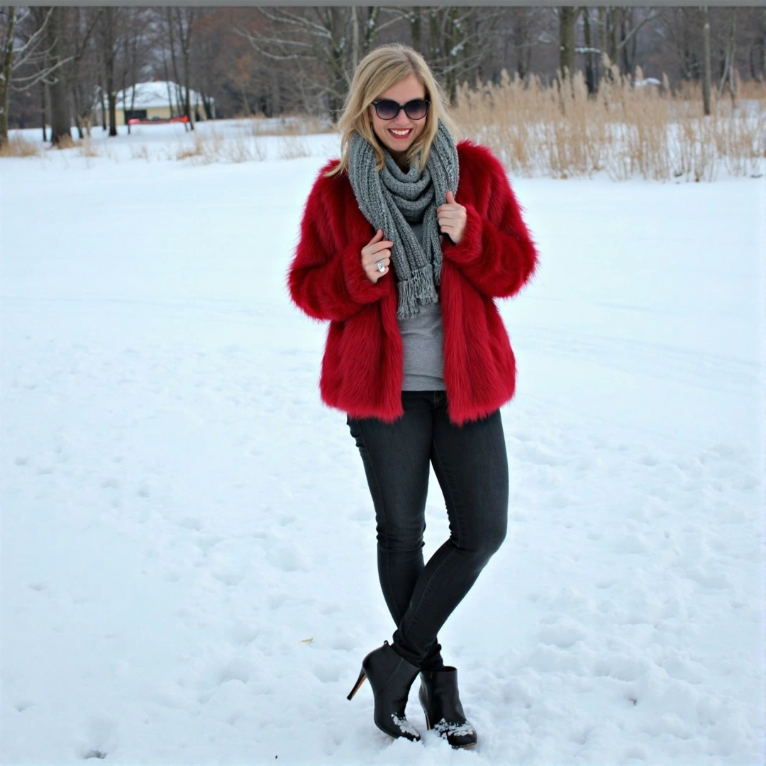 Photograph of a trendy winter look with a fiery red faux fur coat, paired with a knitted scarf, black jeans, and heeled boots, in a snowy landscape.