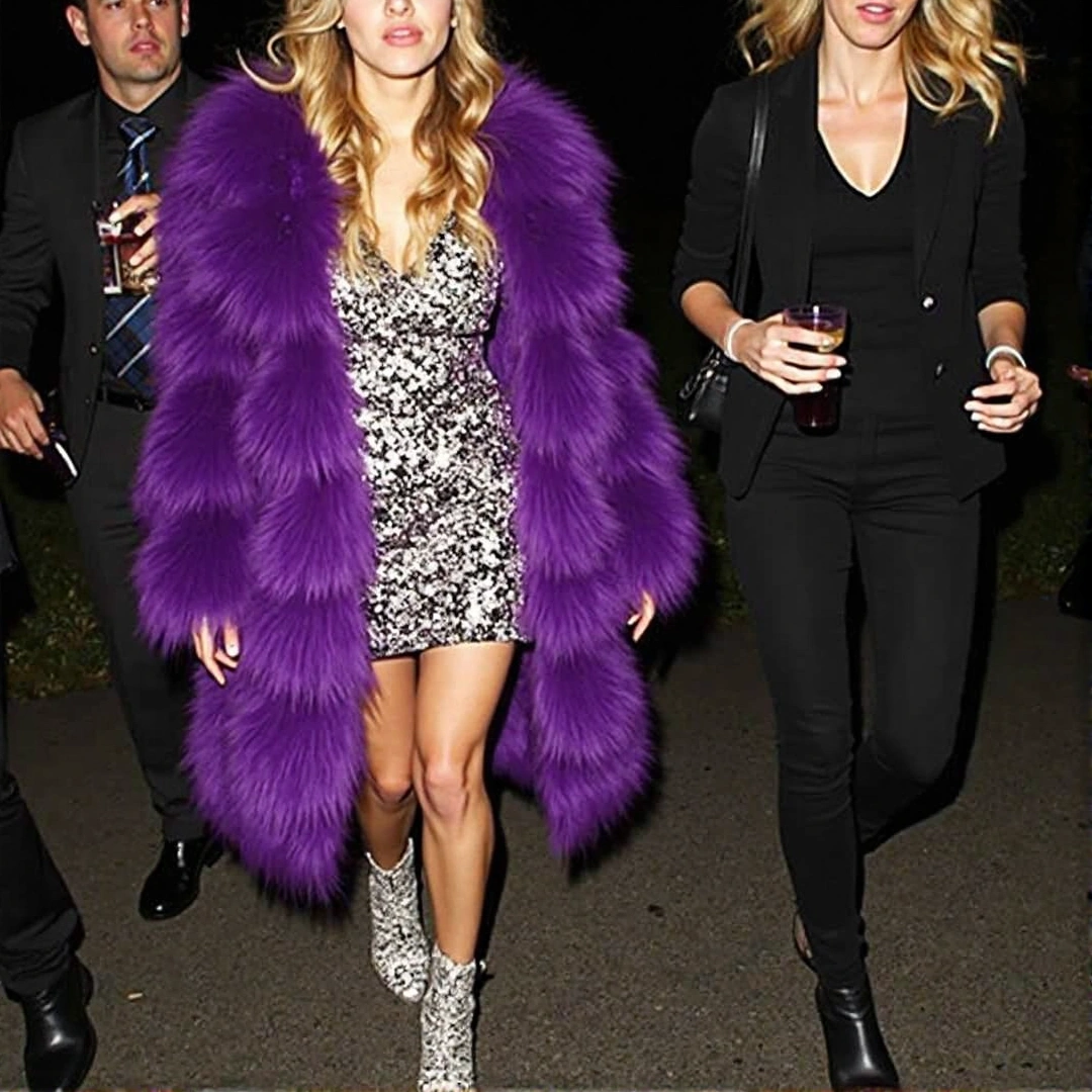 Photograph of a bold statement outfit with a purple faux fur coat, paired with a sequin dress and glittery ankle boots, in a nightclub scene.